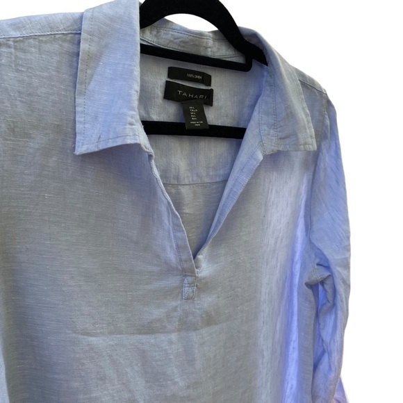 Tahari Blue 100% Linen V-neck Top Shell Button Detail 3/4 Sleeves EUC Size L - Picture 2 of 6